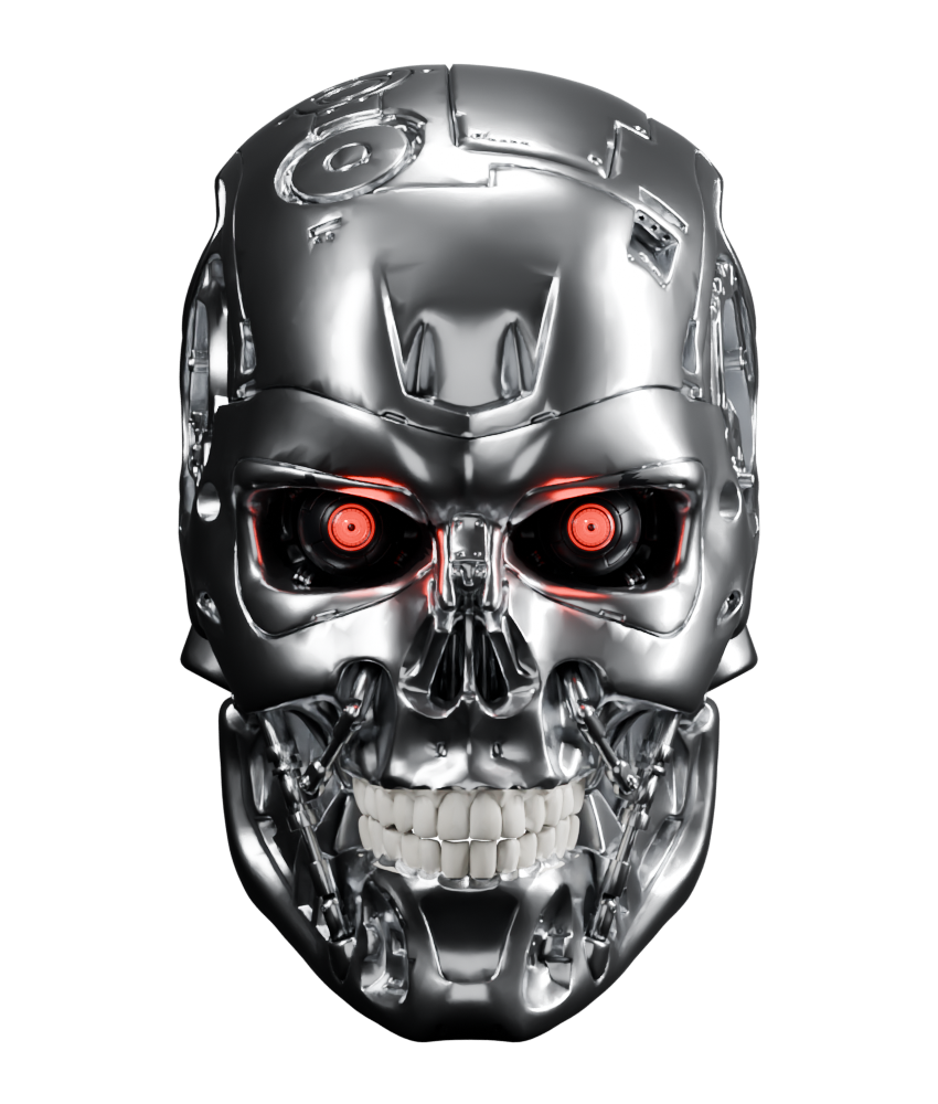 Chrome T-800 floating head with ivory teeth and glowing red optical eyes